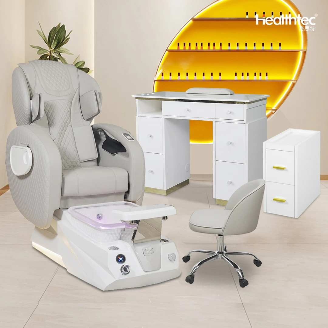 

Hot Sale Luxury Gray Electric Massage Fiberglass Basin Pedicure Chair With Drain Pump Colorful Lights For Nail Shop