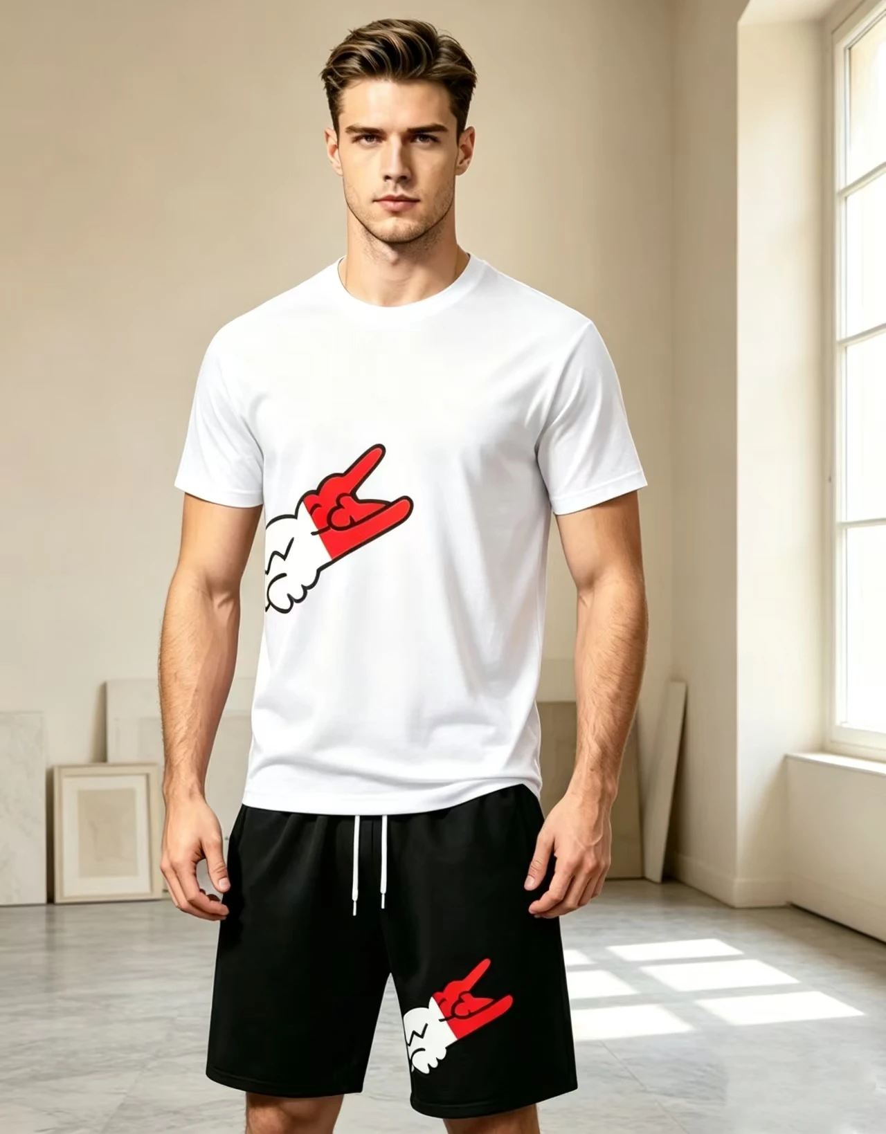 Men's fashion printed set short sleeved T-shirt+shorts 2-piece set casual running speed drying summer sportswear set