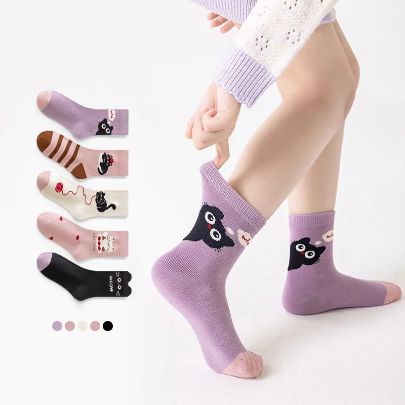 5 Paar Mädchensocken mit niedlichem Cartoon-Katzen-Streifendesign, bequeme Kindersocken für Babys – Detail 3