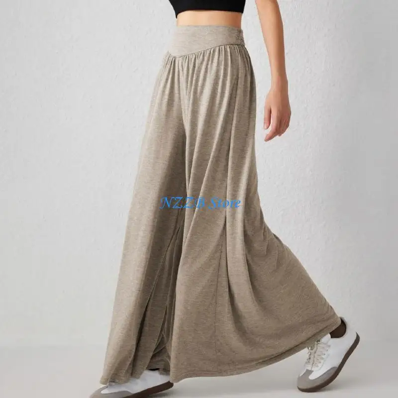 

T21F Women's wide-leg pants, high-waisted, flowy, fashionable, casual bohemian trousers, elastic waist wide-leg pants