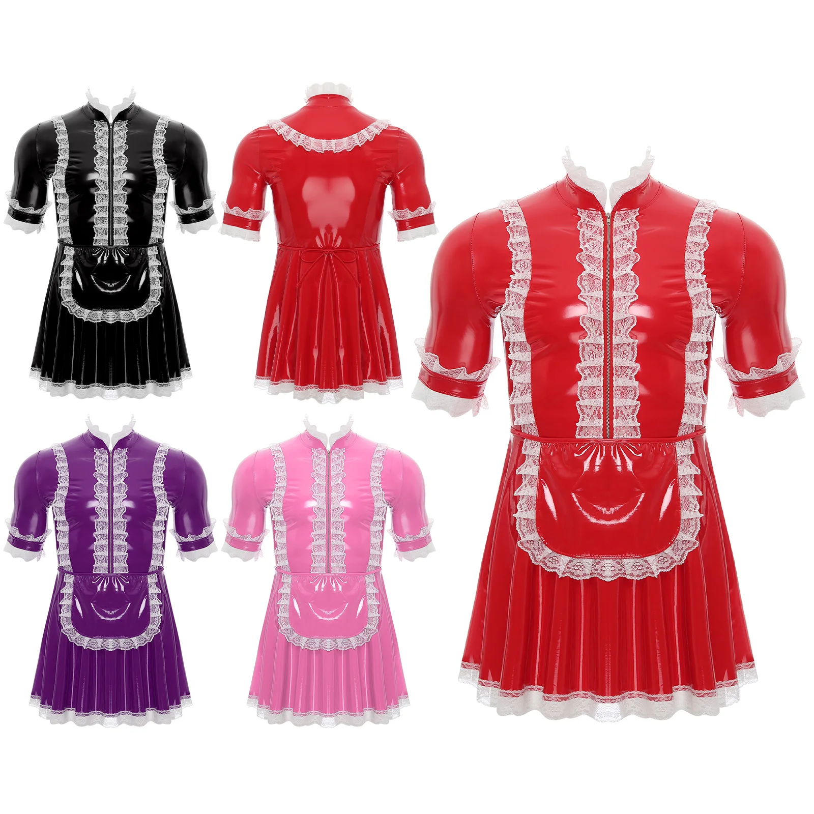 

Men PVC Leather Sissy Maid Role Play Costume Festival Temptation Anime Cosplay Costume Short Sleeve Dress with Apron Cross Dress