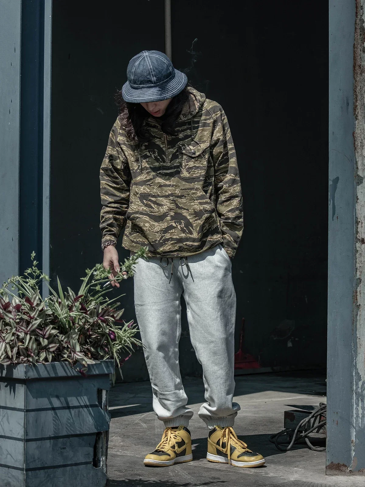 Non Stock Golden Tiger-Stripe Camouflage Pullover Men's Set-In Sleeve Military Smock