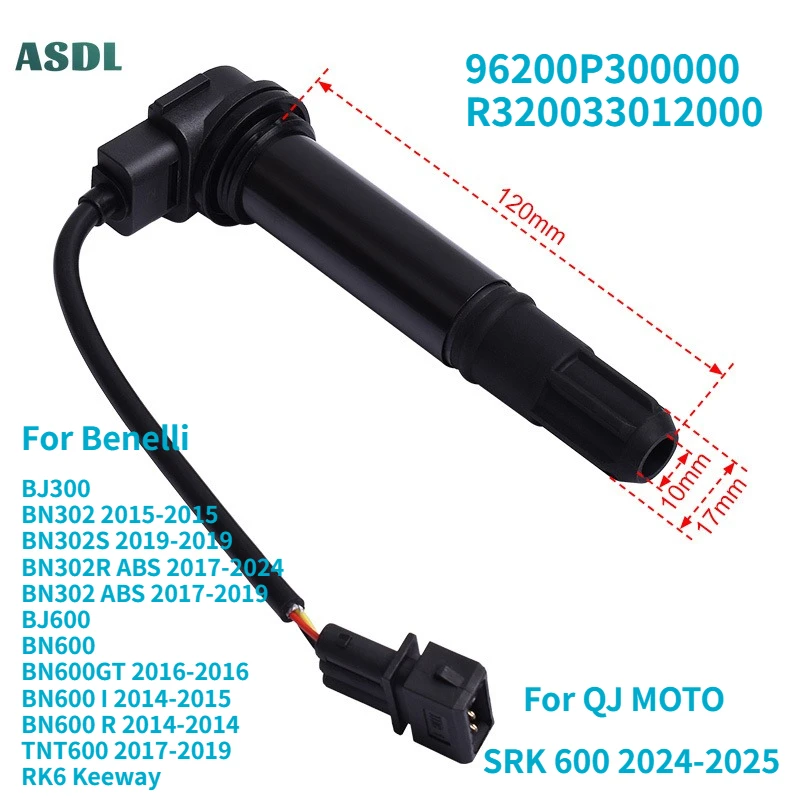 

Motorcycle Ignition Coil Spark Plug Caps Replace for Benelli BJ300 BN302 BJ600 BN600 BN600GT 14-16 TNT600 2017-2019 RK6 Keeway