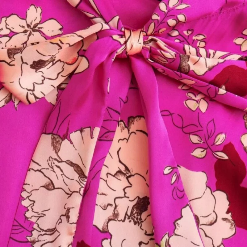 Damen Sommer Frühling Blumendruck Satin Bluse Fliege Hals Elegantes Hemd Mode Büro Dame Top