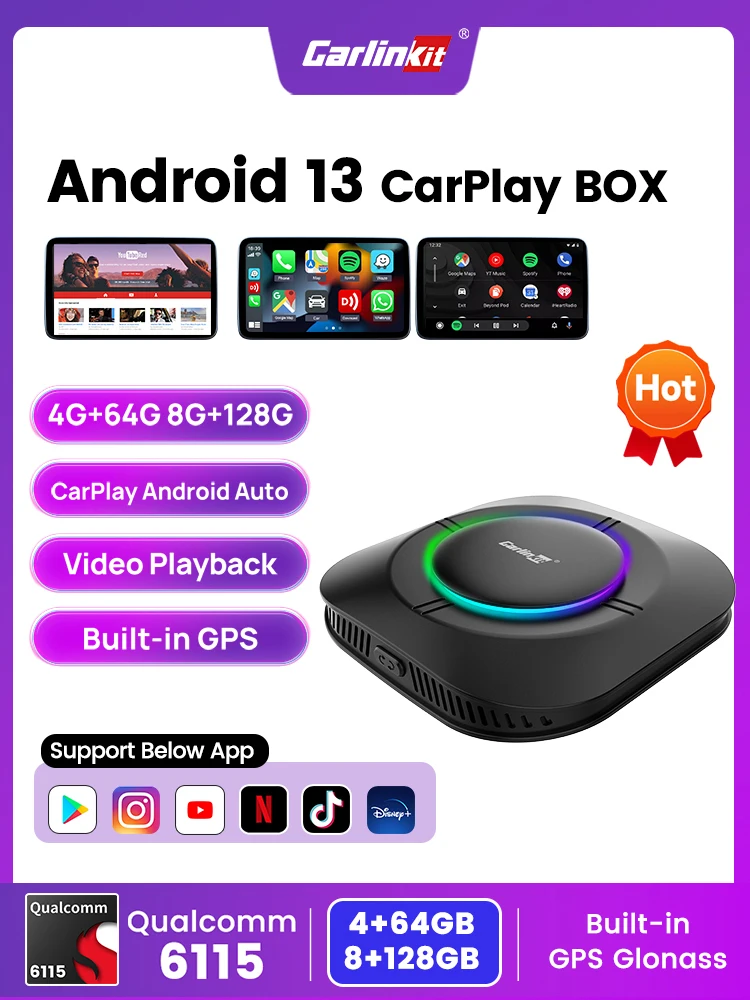 Adapter bezprzewodowy Carlinkit S2 Ai Box Android Carplay 2026, Android 13, Qualcomm 6115, 8-rdzeniowy, 64G, Smart TV Box do Netflixa, IPTV, 4G — 2