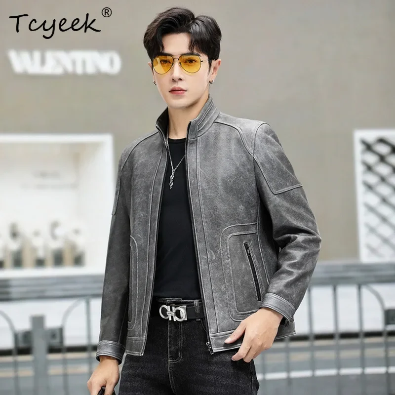 Tcyeek Real Leather Jacket Men Top Layer Sheepskin Mens Coats Spring Autumn Clothes Motocycle Jackets Slim Fit Jaquetas 2025