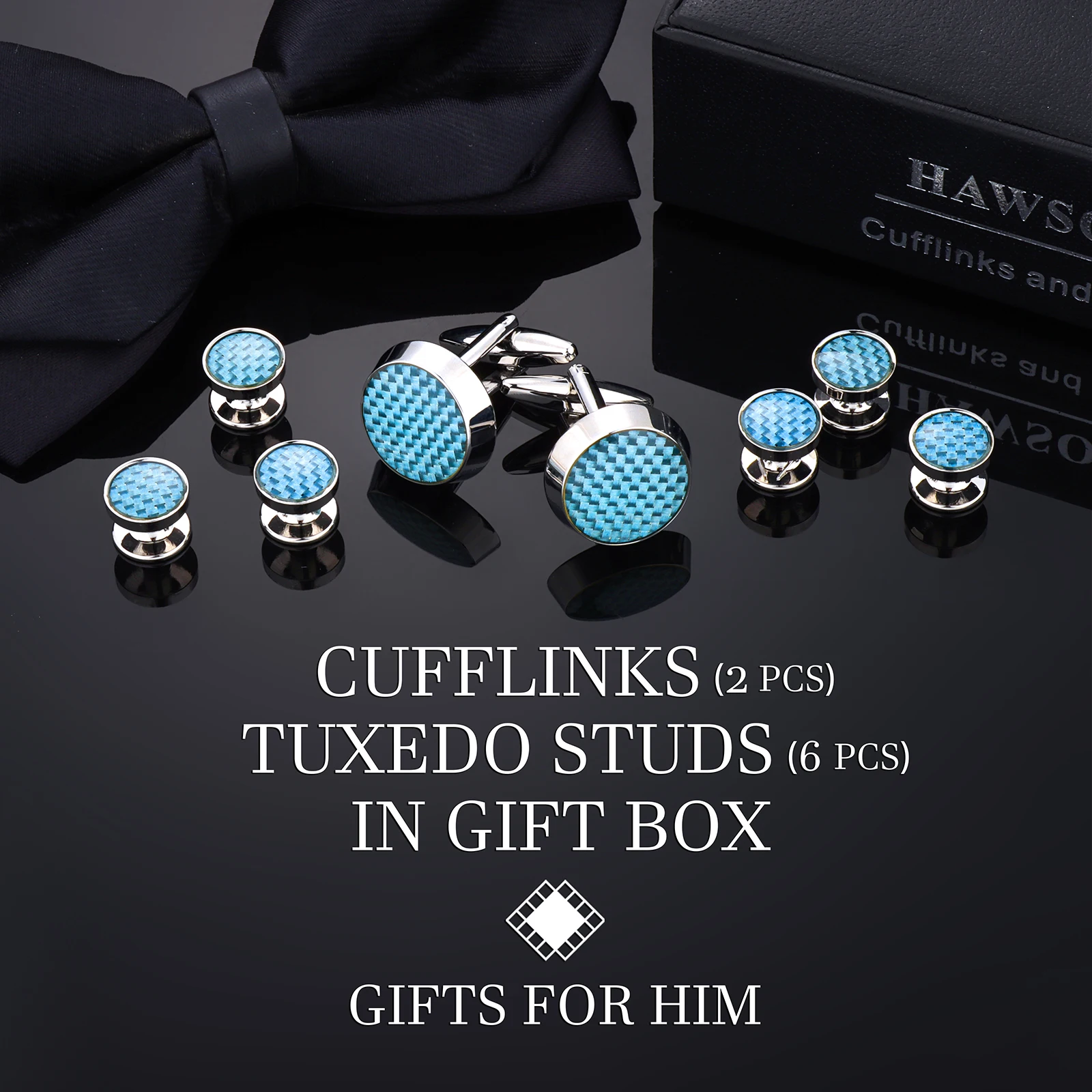 Mens Cufflinks and Tuxedo Studs Set in Gift Box(Round Carbon Fiber),Men Fashion&High Quality Tuxedo Shirt Jewelry or Accessories