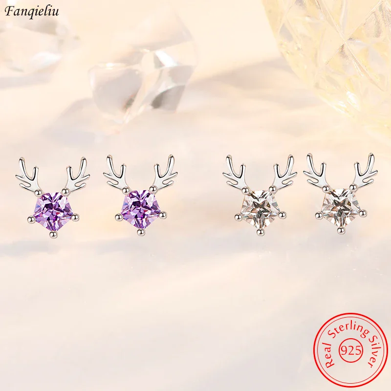 

Fanqieliu Solid 925 Sterling Silver Women's Gift Jewelry New Vintage Antler Crystal Stud Earrings FQL23720