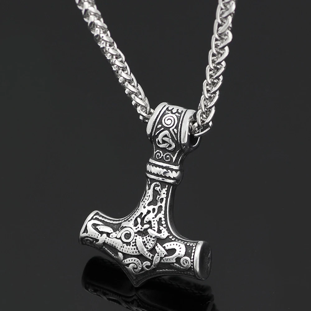 Norse Viking Thor's Hammer Pendant Necklace Stainless Steel Vintage Odin Viking Necklace Men's Chain Biker Jewelry Gift