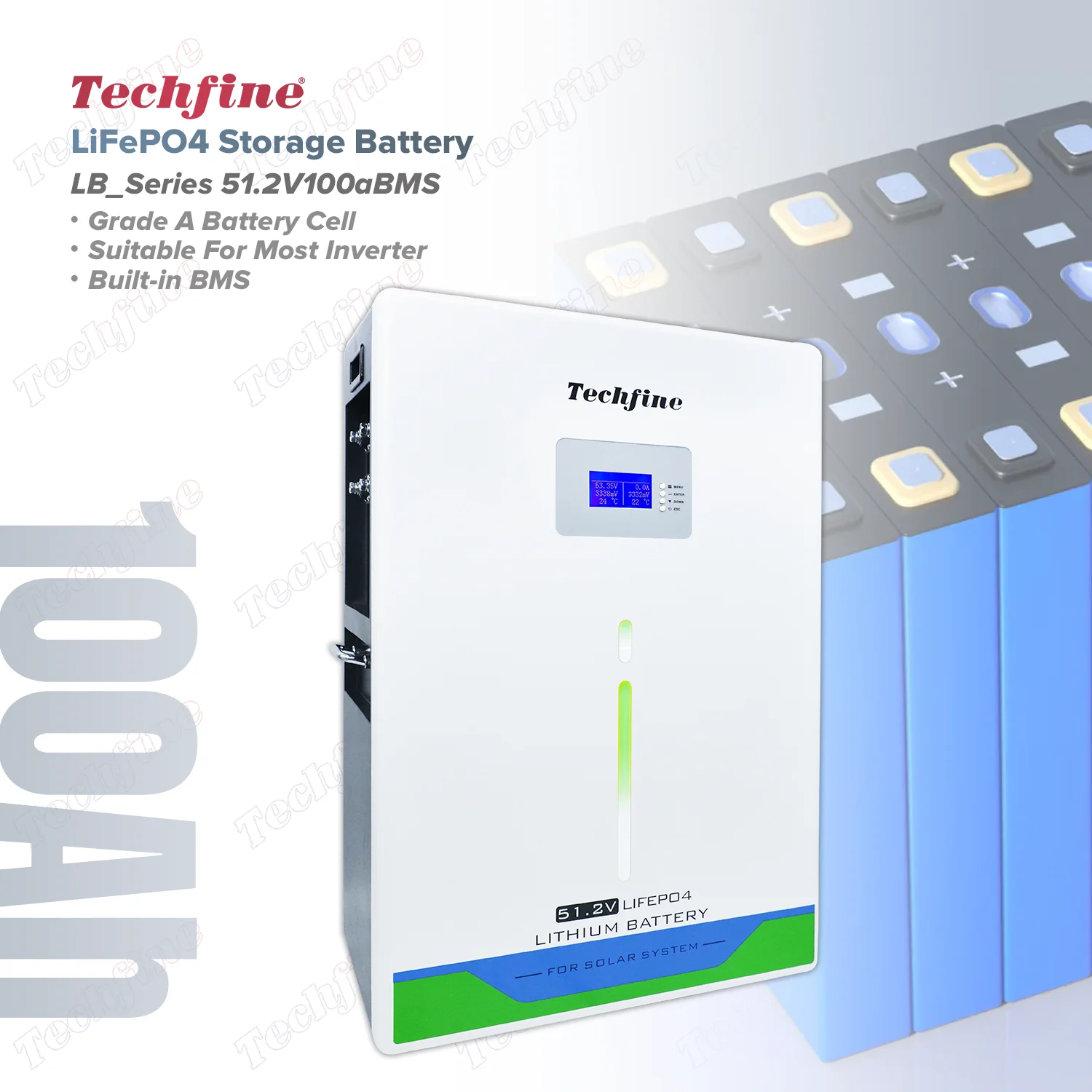 

Techfine 5kWh Power Wall 51.2v Li Iron Deep Cycle Lifepo4 Lithium Iron Phosphate Battery Lfp 100ah Off Grid Battery Pack