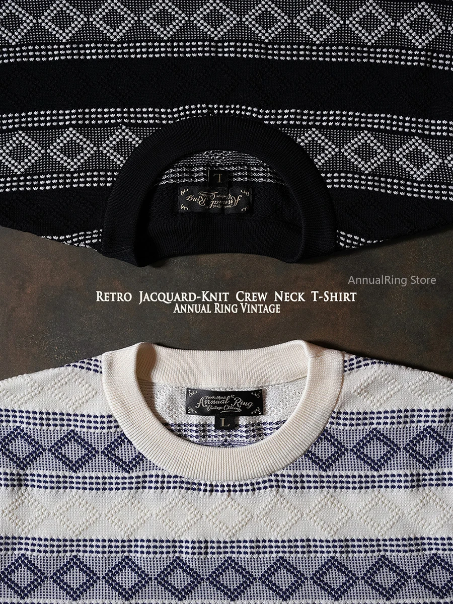 AnnualRing Retro Jacquard Knitted Round Neck Short-sleeved T-shirt American Pure Cotton Original Casual Summer Shirt