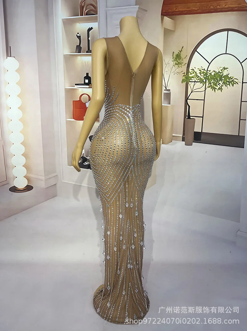 Premium Silver Rhinestone Sexy Fake Meat Dress Engagement Banquet High-end Banquet Host Evening Dress Bachelorette Party Dresses