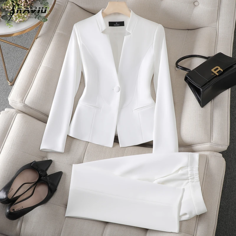 

NAVIU осенний новый стильный профессиональный пригородный костюм с длинными рукавами и брюками, комплект офисной женской темпераментной рабочей одежды с v-образным вырезом, черный, белый цвет