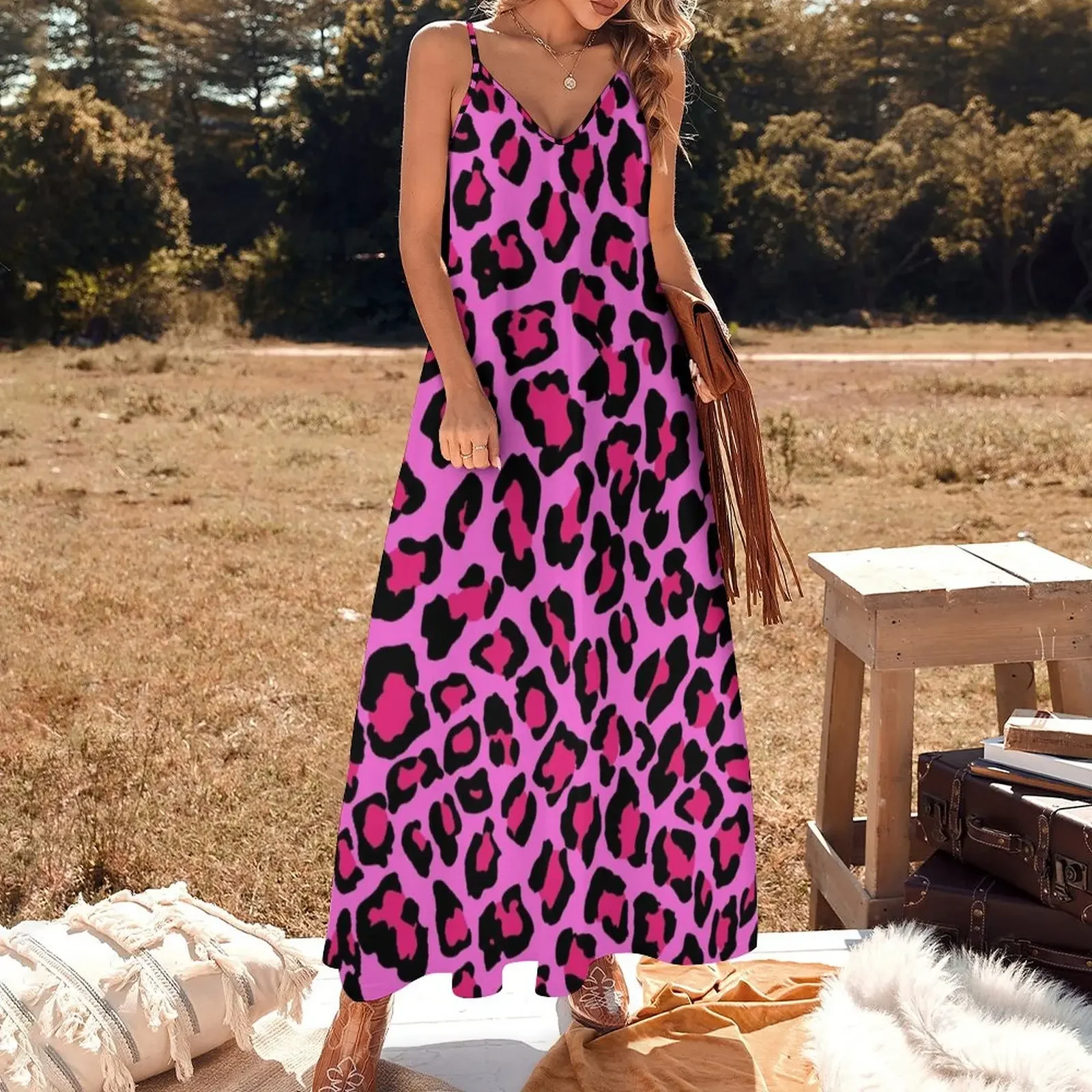 Ярко-розовое платье без рукавов с леопардовым принтом вечерние платья для женщин летние платья с длинным рукавом женское вечернее платье