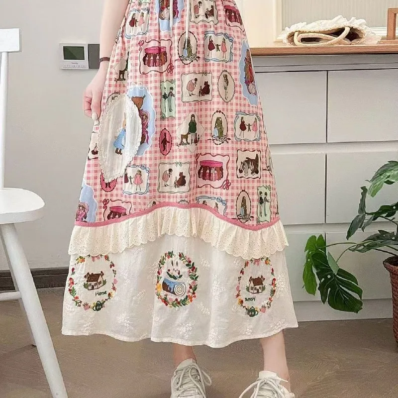 

Cute Girl Patchwork Spring Summer Skirt Age-reducing Embroidery Mori A-shaped Skirt Japanese Style Lace Skirt Women Clothing