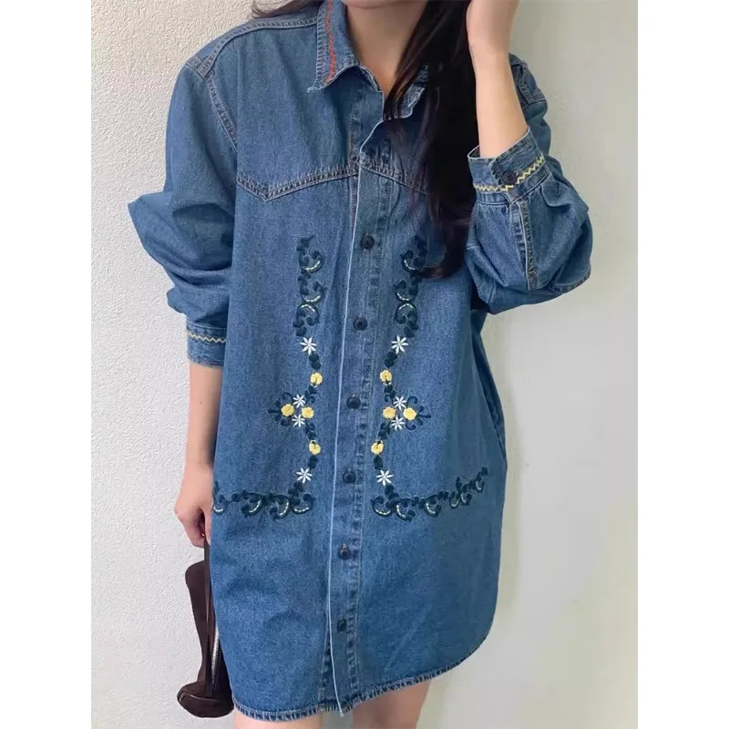 Superaen estilo coreano primavera novo retro bordado padrão design solto denim vestido feminino temperamento de manga comprida vestido casual
