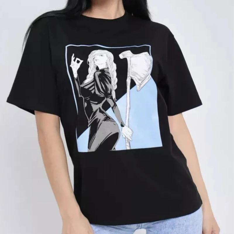 High Quality Chic Russian Fashion Cute Anime Axe Girl Print T Shirt Women Fashion Casual Cotton Short Sleeve Tops Streetwear
