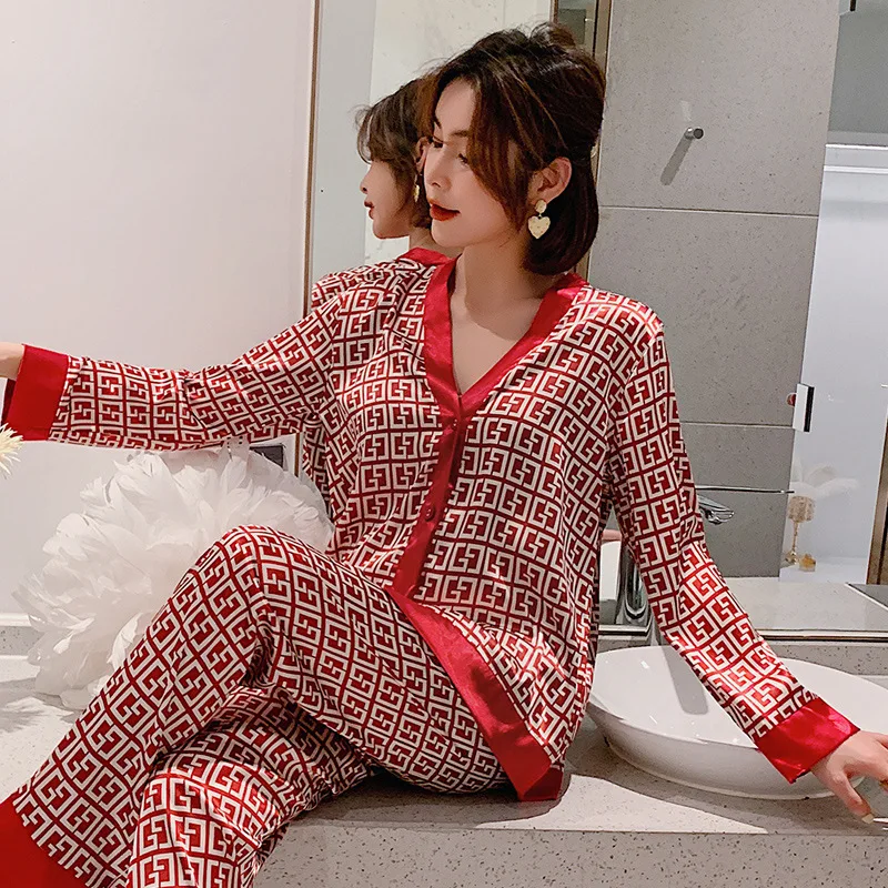 2023 Silk Satin Pajamas Set Woman Printed Long Sleeve Sleepwear Pijamas Suit Female Homewear Two Piece Loungewear Pjs Plus Size