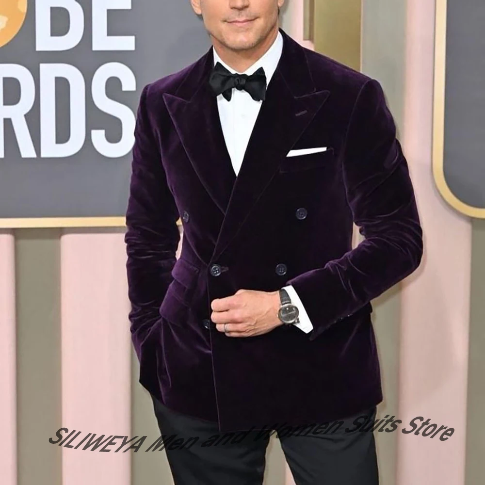 

Мужские темно-фиолетовые бархатные костюмы, двубортный смокинг, пиджак, комплект из двух предметов, формальный элегантный пиджак + брюки для вечернего банкета, вечеринки