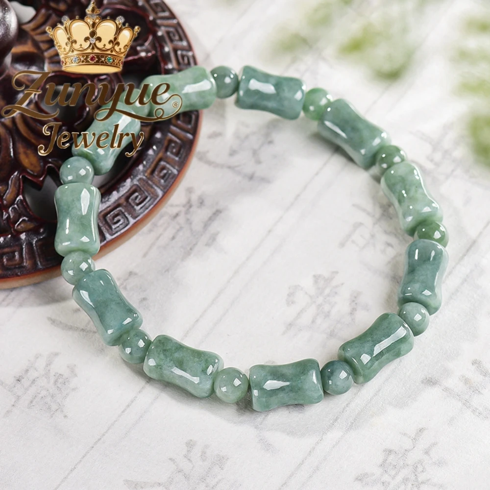 High Gloss Bean Green Natural Jadeite Beaded Bracelet Fine Polished Bamboo Tube Beads Elegant Wrist Jewelry Daily Casual Outfit