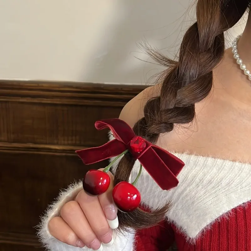 

Cherry Red Bow Velvet Texture Elegant Hair Clip Fashionable Versatile Edge Hairpin Sweet Cool Headwear Girl Hair Accessories