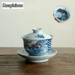 Pure Hand-painted Ink Dragon Tea Tureen Aesthetic Nafu Blue and White Tea Maker Gaiwan Household Teapot Teaware Decoration 200ml