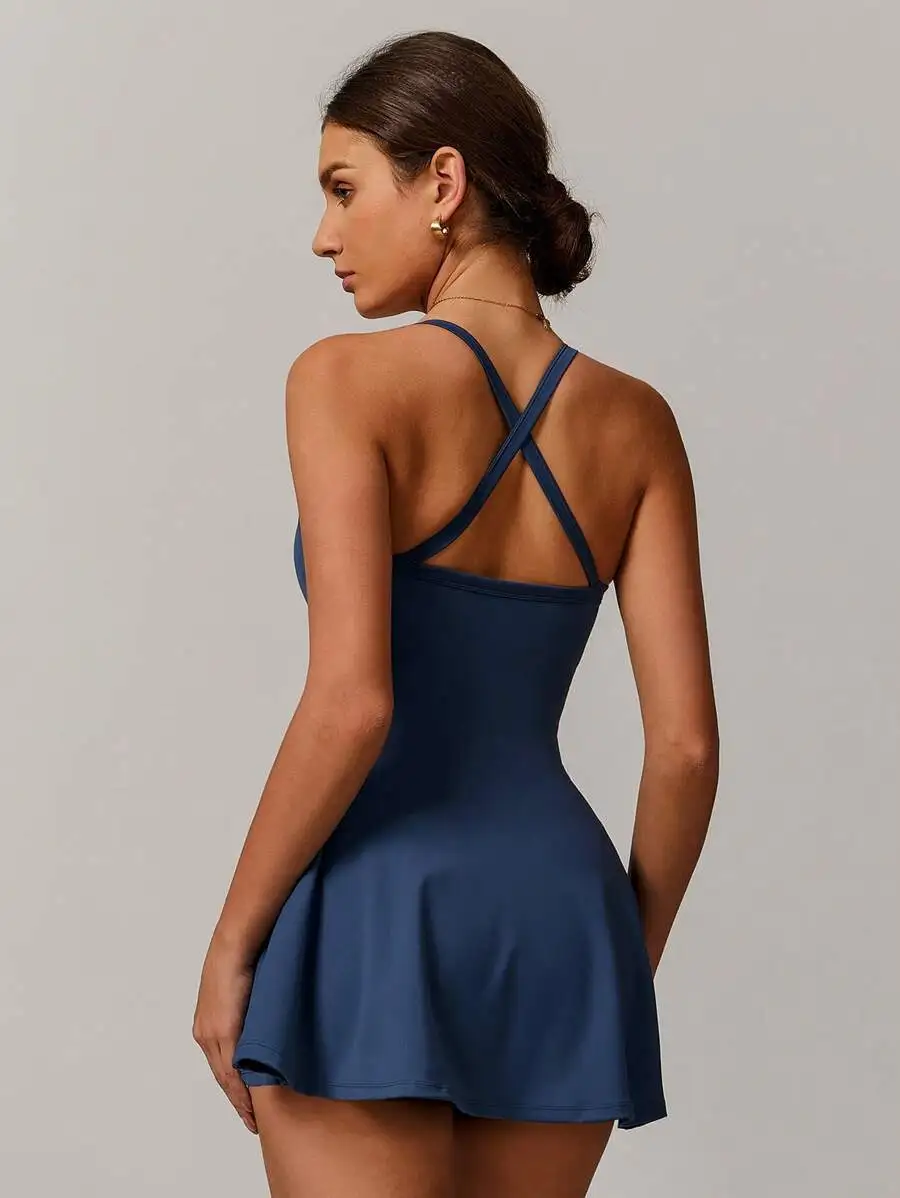 

Womens Sporty Skater Dress With Cross Back Straps Breathable Stretch Fit