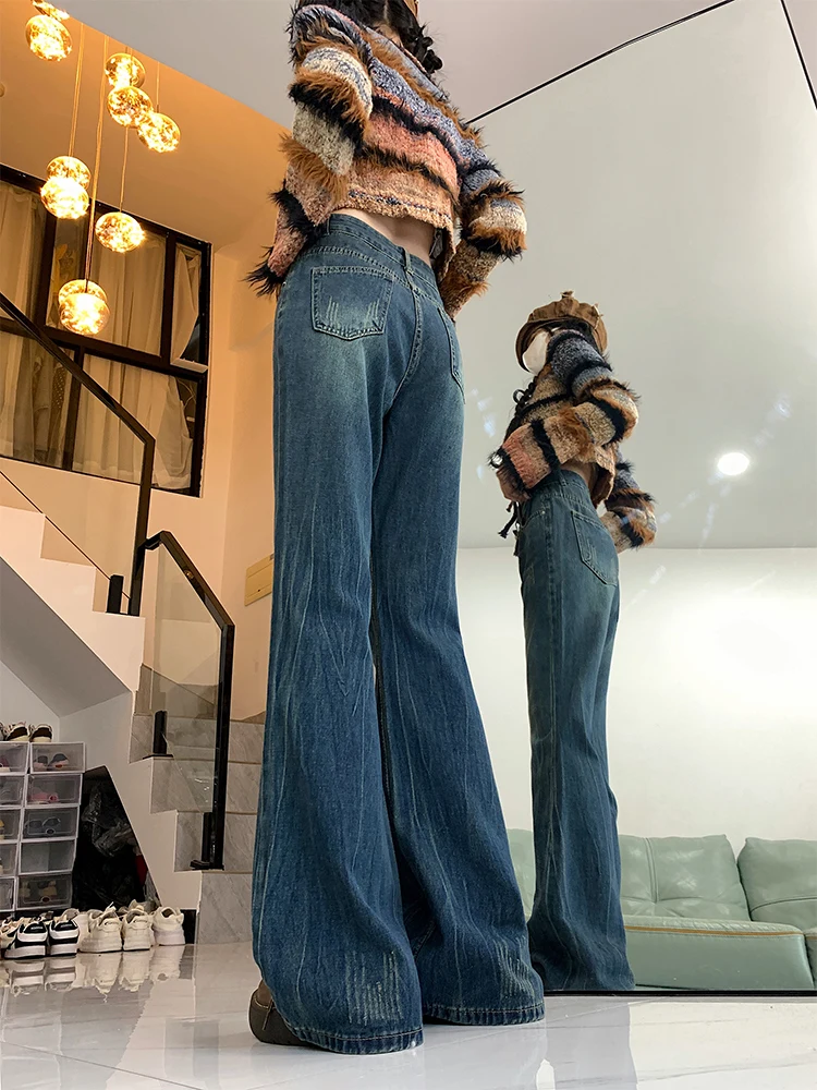 

Американские джинсы-колокольчики в стиле ретро с высокой талией, женские свободные джинсовые брюки, прямые длинные брюки длиной до пола