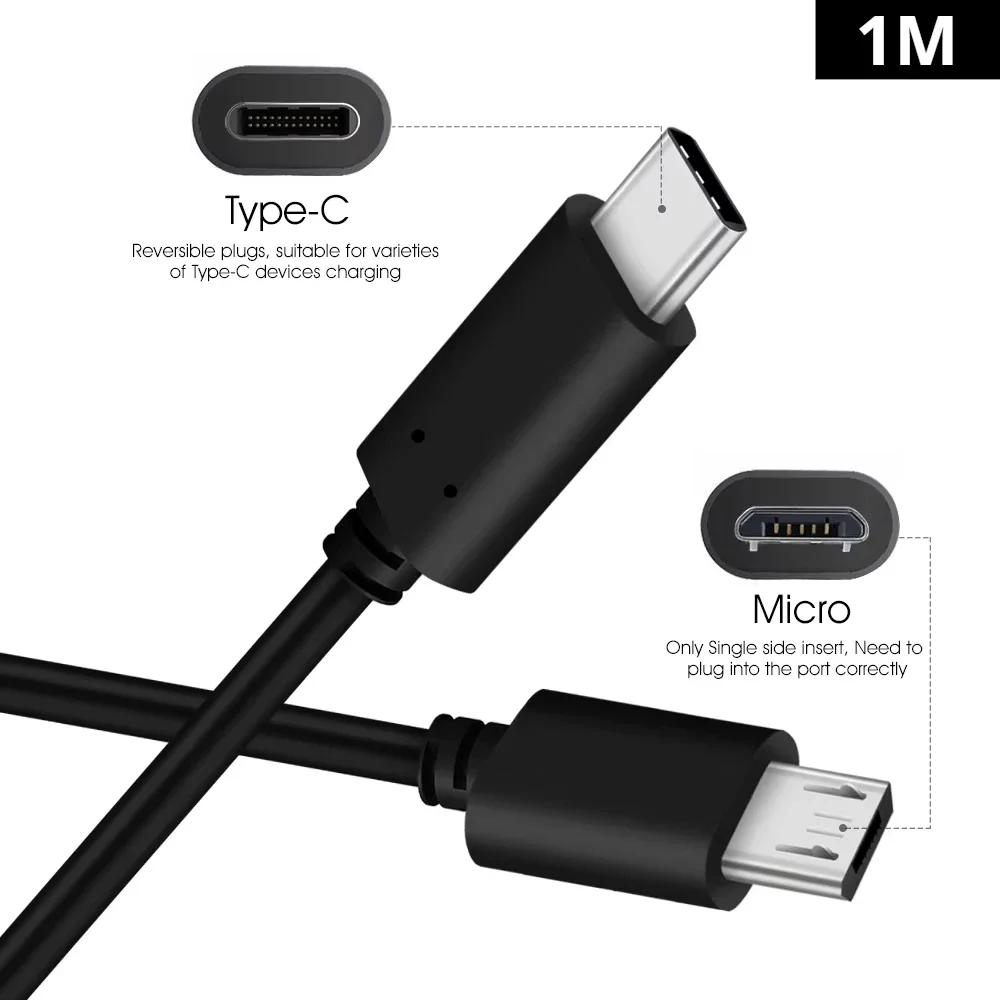 1M USB 3.1 Type-C To USB Micro B 5Pin Cable USB C To Micro 2.0 Data Connector Adapter For Smartphone PC OTG C Type Phone 100cm