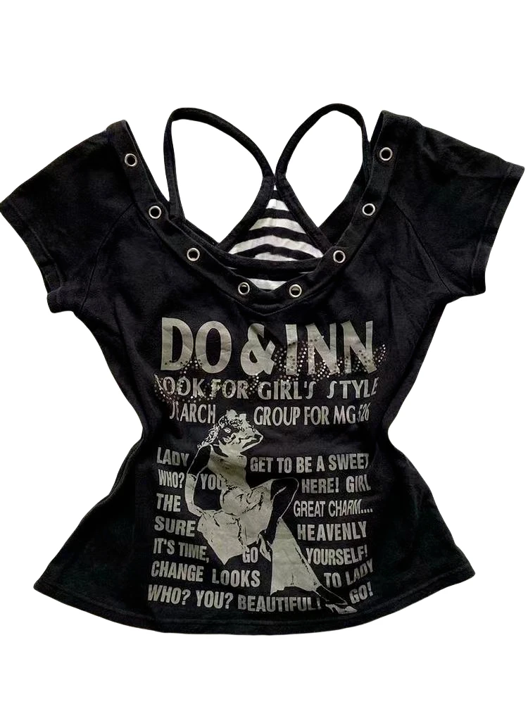 Y2k Goth Spice Girls Slim Waist V Neck T-shirt Print Half Sleeve Personalized Women Clothing Short Minority Hop Mujer