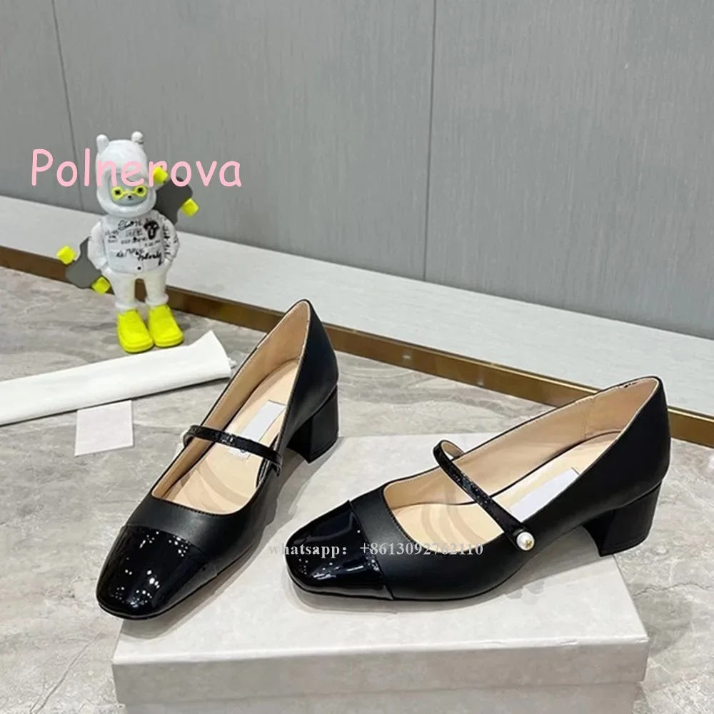 Pearl Mary Jane's Shoes Solid Square Toe Patent Leather Shallow Casual Square Heels Pumps Slip On   Cover Heels Comfortable