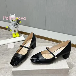 Pearl Mary Jane's Shoes Solid Square Toe Patent Leather Shallow Casual Square Heels Pumps Slip On Cover Heels Comfortable