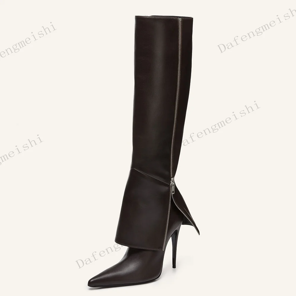 Side Zipper Decor Flap Design Knee-High Boots Black Leather Women Pointed Toe Stiletto Heel Fashion Party Street Style Boots