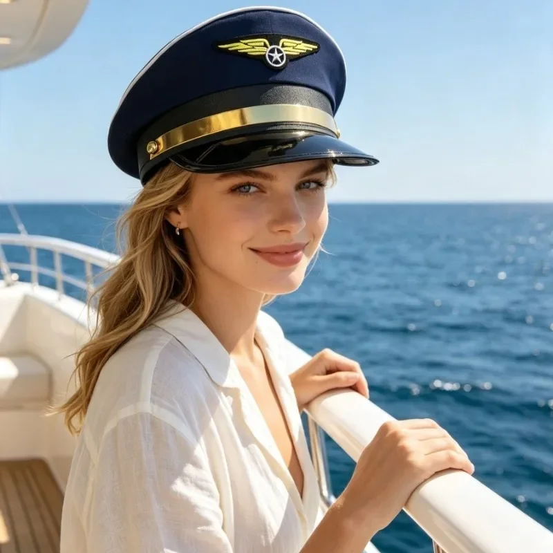 Captain Sailor Pilot Hat Set, Gold Emblem Uniform Hat, Halloween Cosplay Party Costume Accessory for Adults