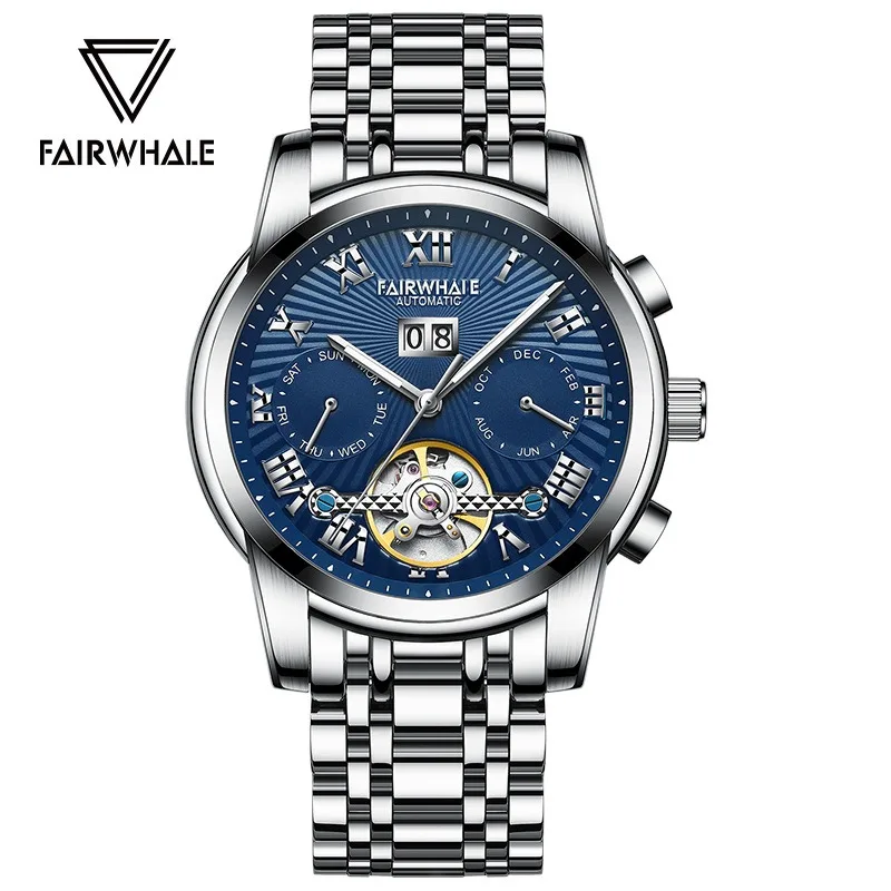 men mechanical watch high grade tourbillon hollow out calendar month display waterproof multifunctional textured 43mm large dial