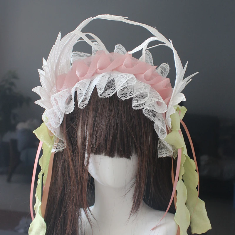 Dolce ed elegante fatto a mano Lolita Accessori per capelli Ali Patchwork di pizzo Fiocco con lacci Fascia per capelli Donna JK Anime Cameriera Cosplay Copricapi