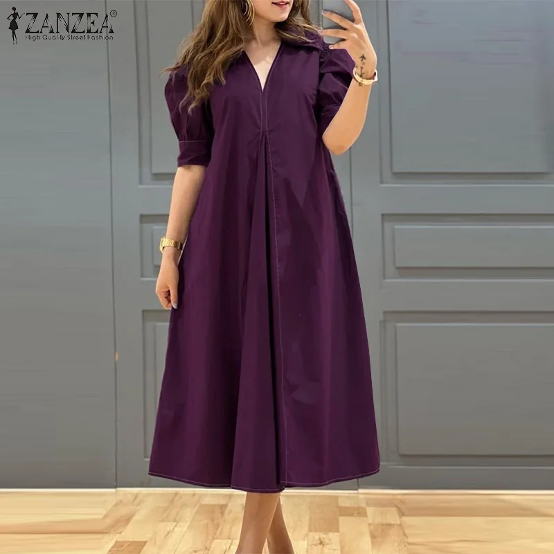 ZANZEA Vestidos midi informales de talla grande 5XL para mujer, vestido largo con cuello en V y manga corta abullonada, vestido largo con corte en A, vestidos extragrandes para vacaciones de primavera para mujer