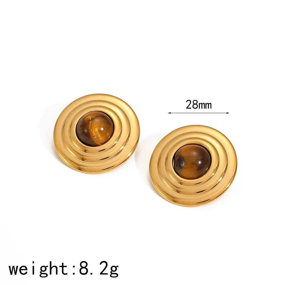 2025 Neues Design Naturstein Edelstahl Runde Ohrstecker für Damen 18k Vergoldet Wasserdichter Schmuck Geschenke – Detail 7