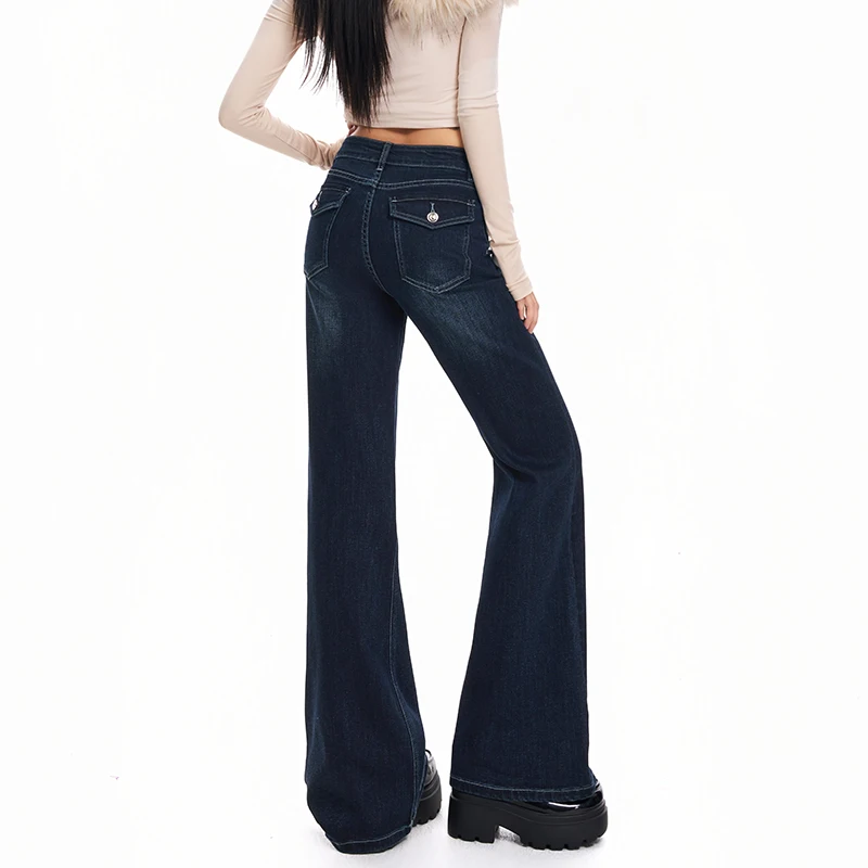 2026 Autumn Women Bootcut Jeans High Waisted Denim Pants Stretch Office Lady Trousers Flared Pants Fashion Pockets Design Trendy