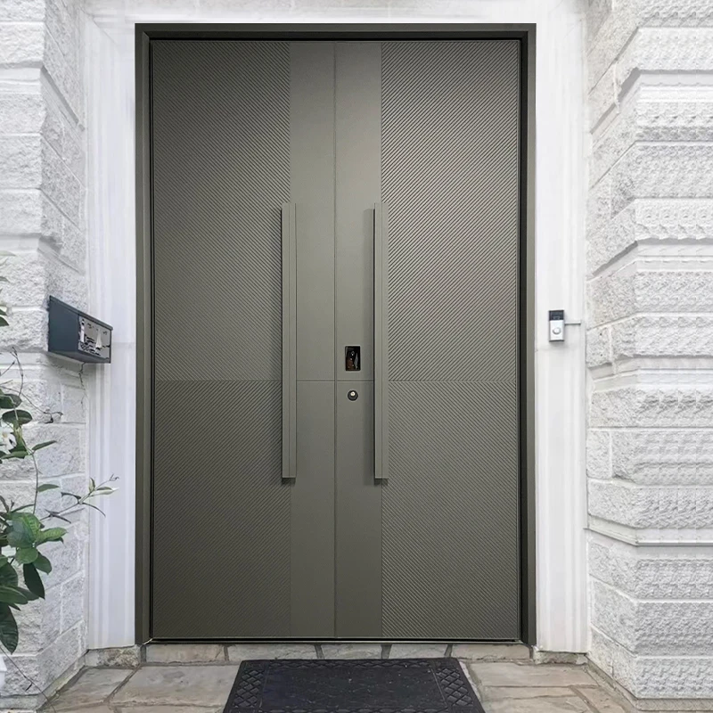 

High-end household cast aluminum anti-theft entrance door wood grain double-open villa door