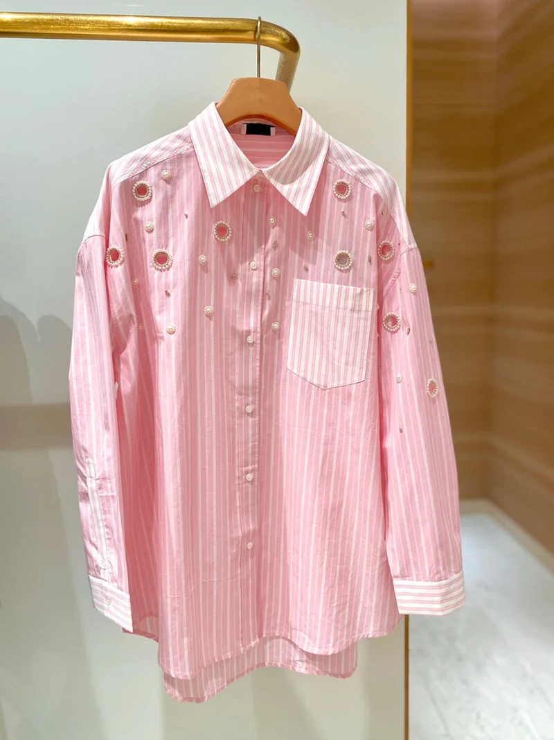 

HEIDD Spring 2025 Pink Striped irt Hollow out Pearl Decorated Loose Fit Cotton Long Sve Ne Sle Korean Faion