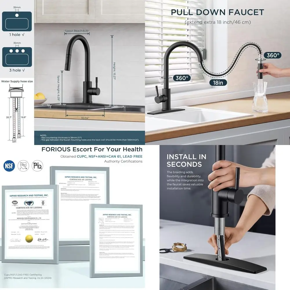 

Pull-Down Sprayer Kitchen Faucet, High Arc, Stainless Steel with Deck Plate, Suitable for 1 or 3 Hole Installations or Pot Fille