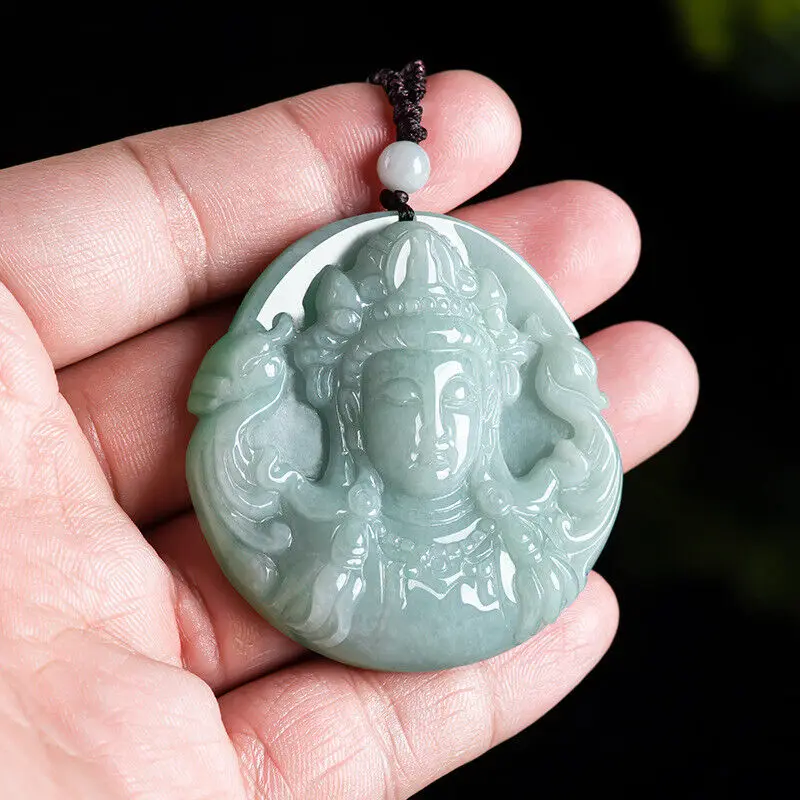 Natural Genuine Green A Jade Jadeite Carved Guanyin Pendant