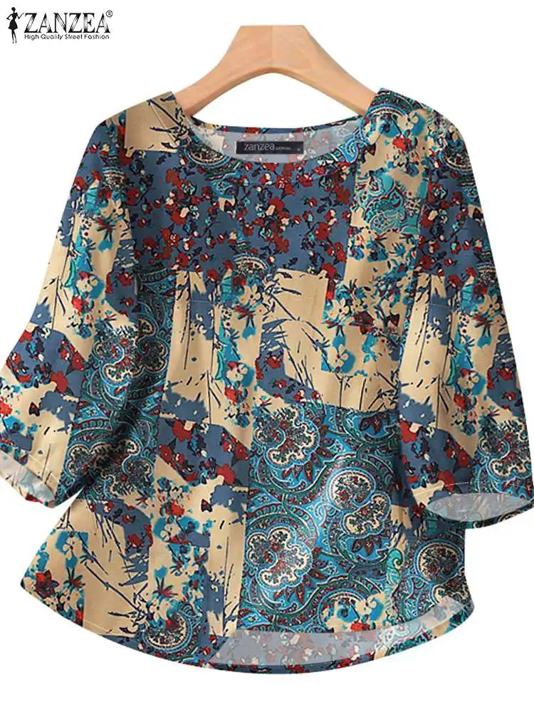 ZANZEA Casual 3/4 Sleeve Printed Cotton Blouses Women Vintage O Neck Blusas Mujer Elegant Daily Shirts Autumn 2024 Tunic Tops