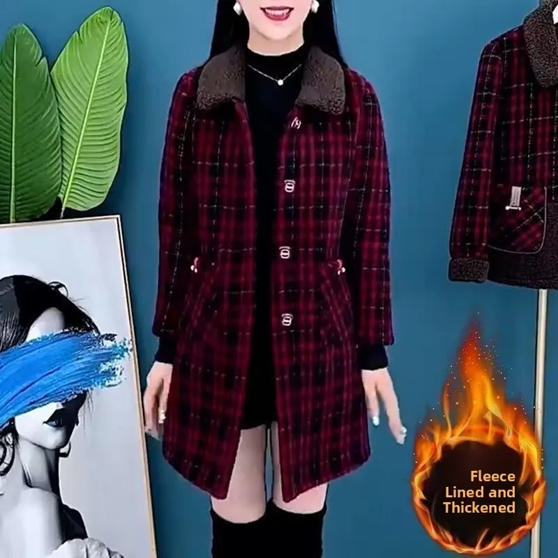 

Thiened Plaid Coat Women's Autumn Winter Outerwear Slimming Midi Length Faionable Fce Lined Korean Sle Cotton Jaet