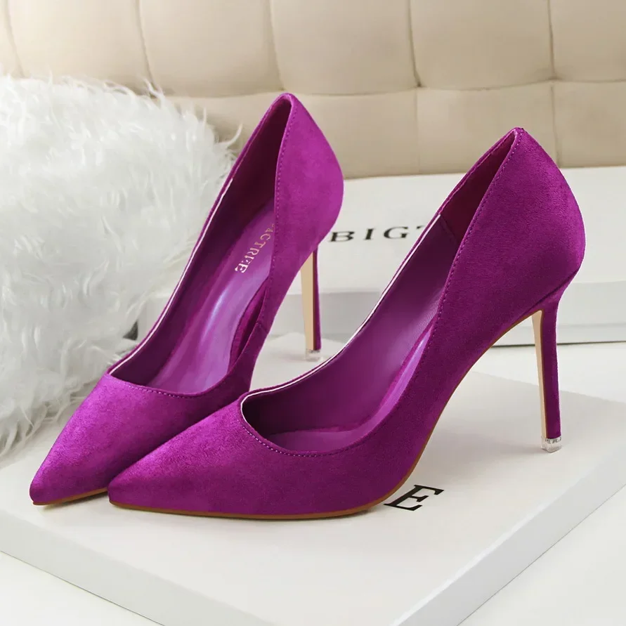 Women Elegant Flock Orange Purple Evening Banquet Party Pumps Lady Classic Scarpin New Burgundy 9cm High Heels Shoes Plus Size