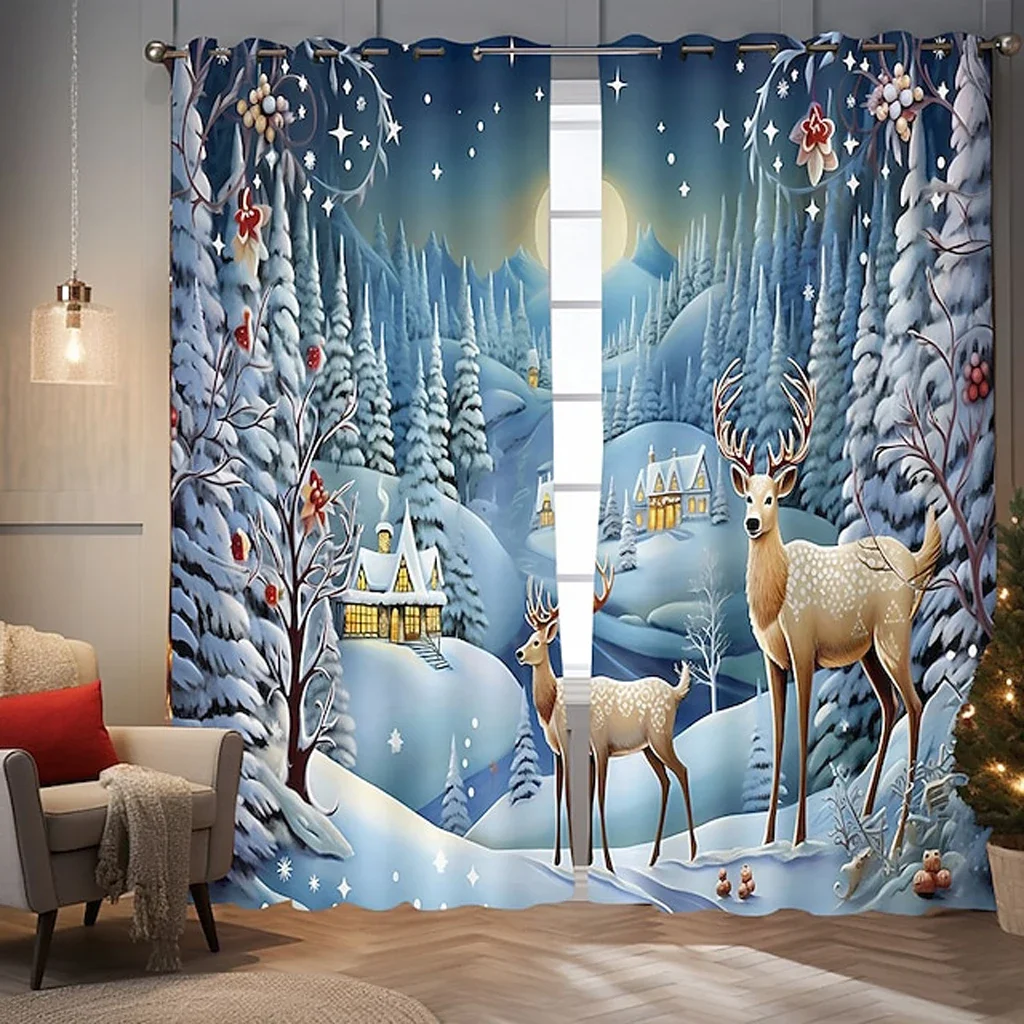 2023 Happy New Year Snow Scenery Reindeer Festival Curtains 3D Christmas Decoration Living Room Bedroom Drapes Custom