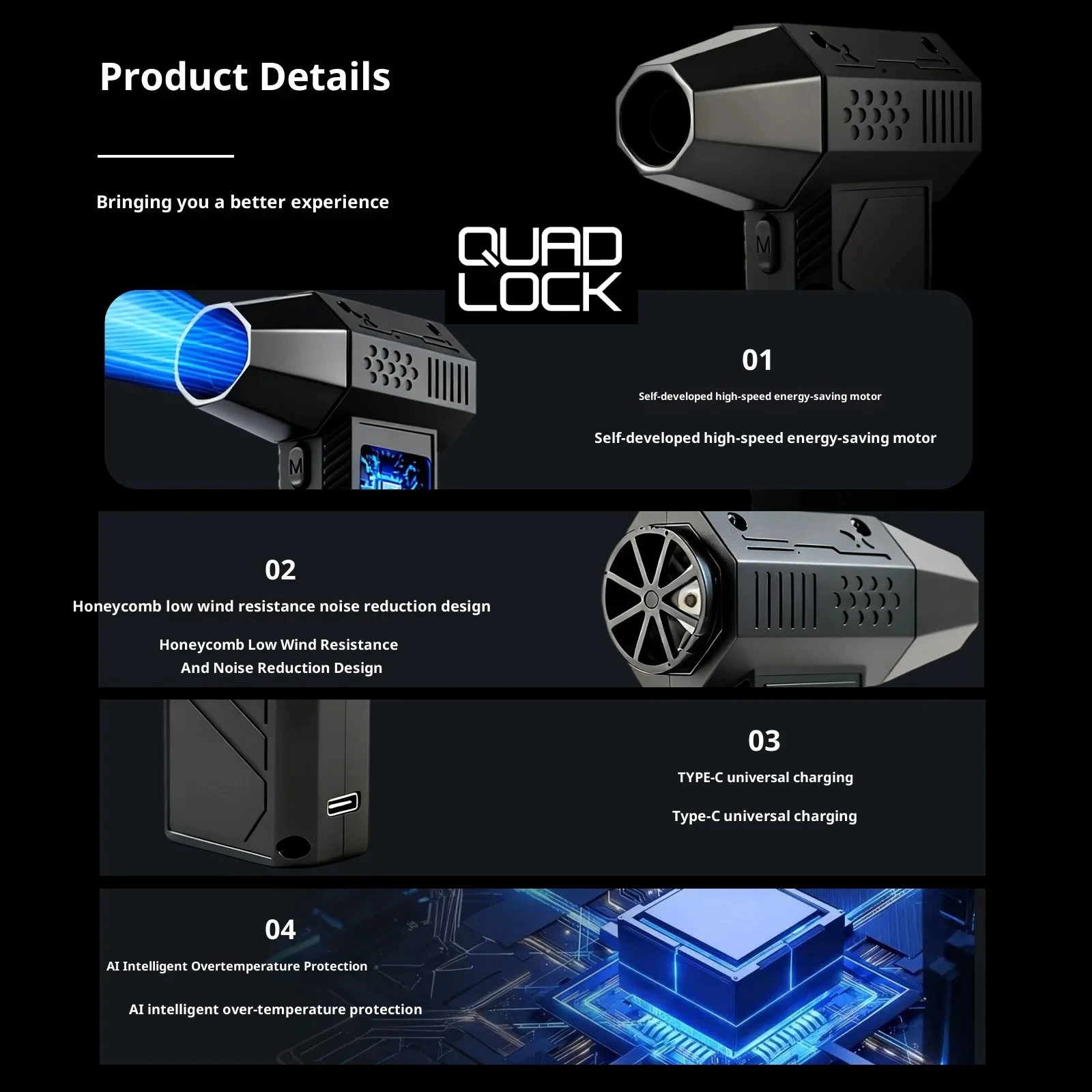 

QUAD LOCK X6 Powerful Fan High-Power Hair Dryer Vacuum Cleaner Type-C Rechargeable Strong Wind 53 m/s Turbo Jet Hair Dryer