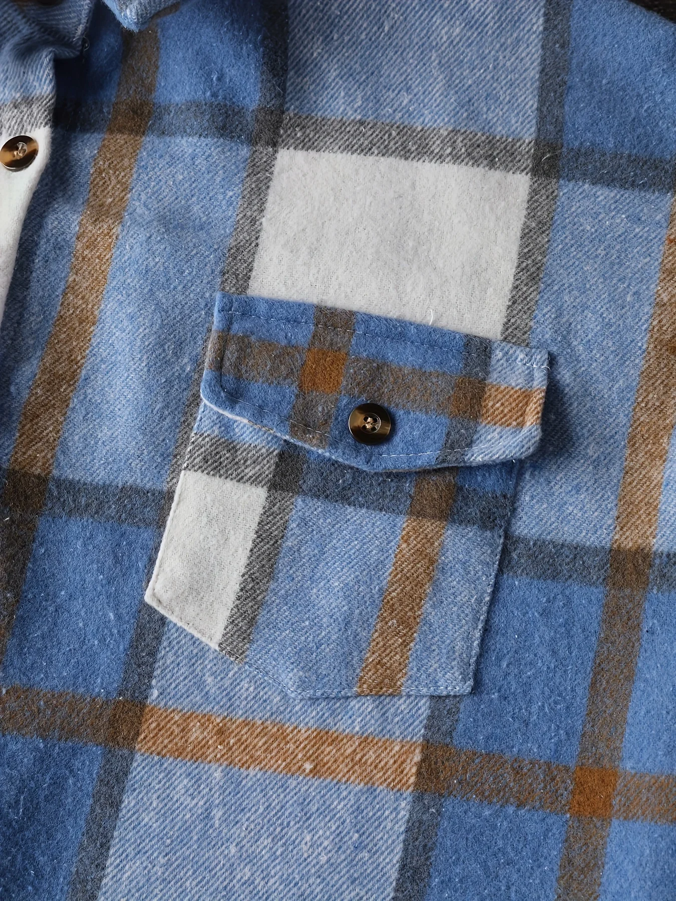 Women Lapel Blue White Brown Plaid Flannel Long Sleeve Button Down Shirt With Double Pockets