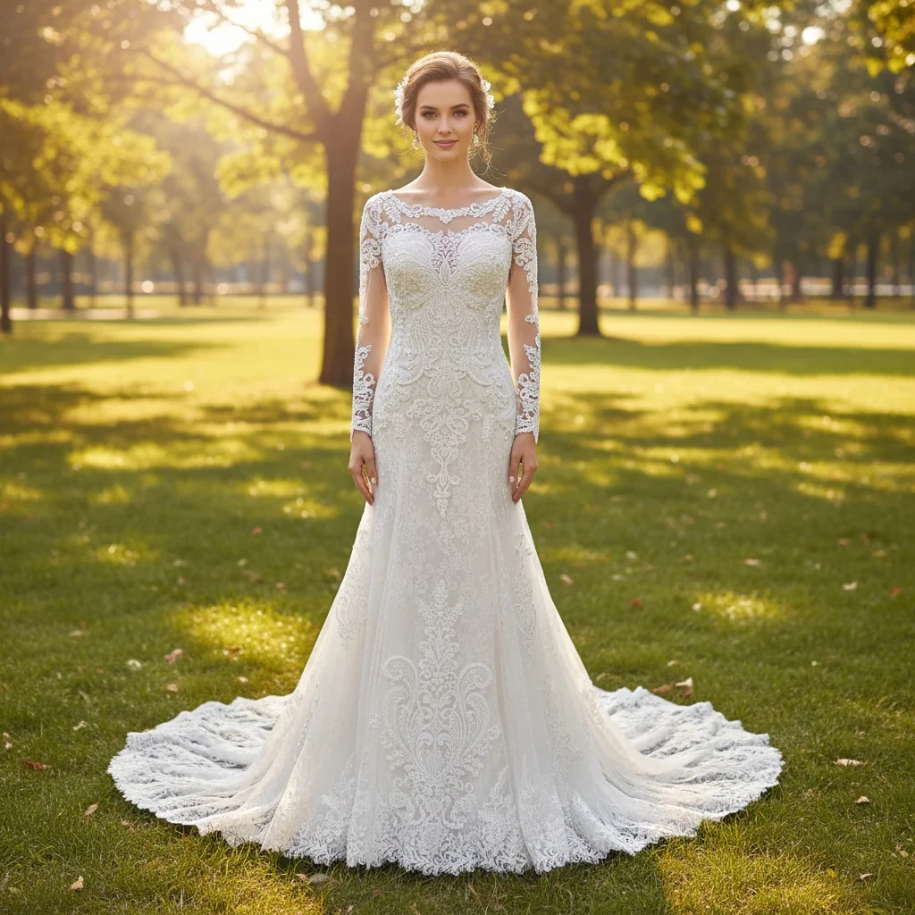 Rosymae robe de mariée en dentelle à manches longues a-ligne élégance intemporelle pour la mariée